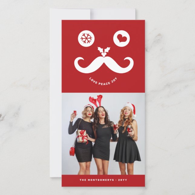 Joy Peace Love Mustache Smiling Face Funny Photo Holiday Card (Front)