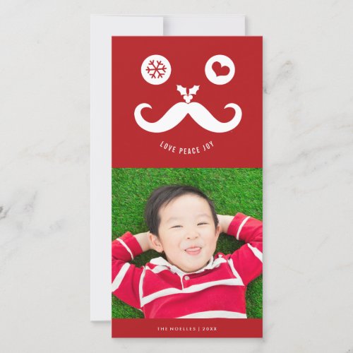 Joy Peace Love Mustache Smiling Face Funny Photo Holiday Card