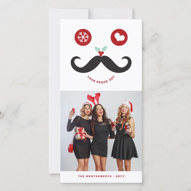 Joy Peace Love Mustache Smiling Face Funny Photo Holiday Card (Front)