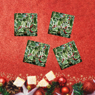 Joy Peace Love Noel Hollyberry Holiday Coaster Set