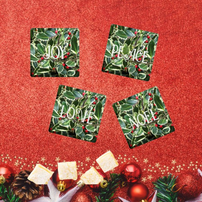 Joy Peace Love Noel Hollyberry Holiday Coaster Set (In Situ Christmas)