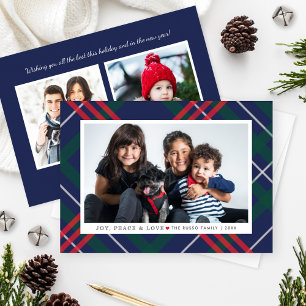 Joy, Peace & Love Plaid Photo Frame Holiday Card