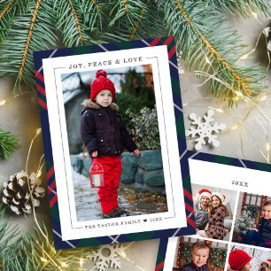 Joy, Peace & Love Plaid Photo Frame Holiday Card
