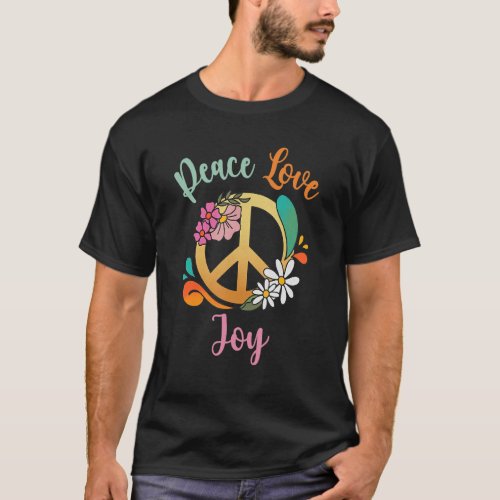 Joy Peace Love Retro Peace Sign with Flowers T_Shirt