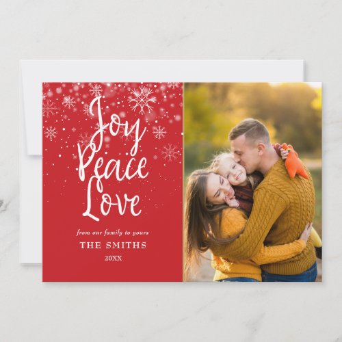 Joy Peace Love Script Snowflakes Photo Christmas Holiday Card