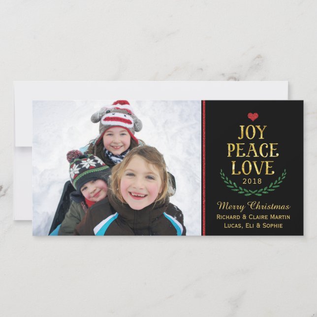 Joy Peace Love Simple Faux-Glitter Photo Card (Front)