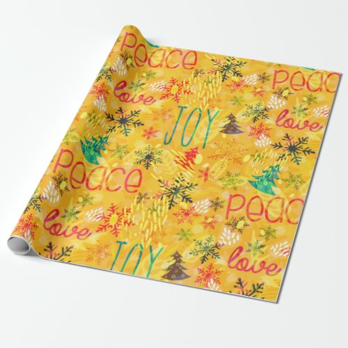 Joy Peace Love Typography Yellow Christmas pattern Wrapping Paper