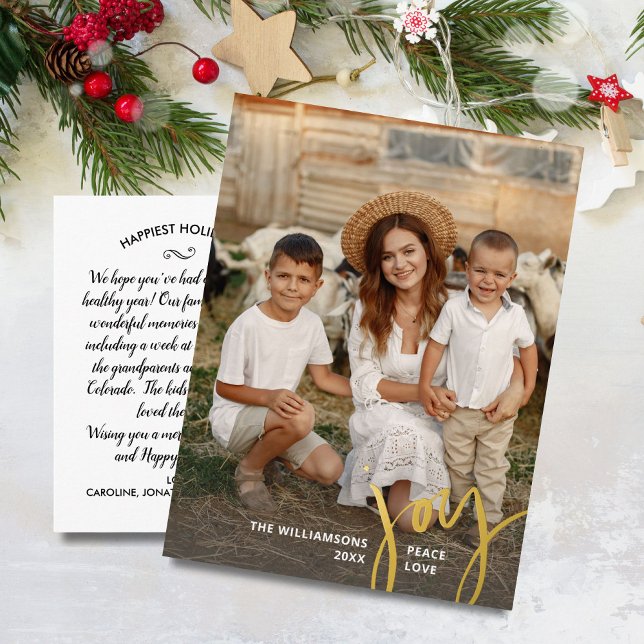 Joy Peace Love Vertical Christmas Photo Gold Foil Holiday Postcard (Creator Uploaded)