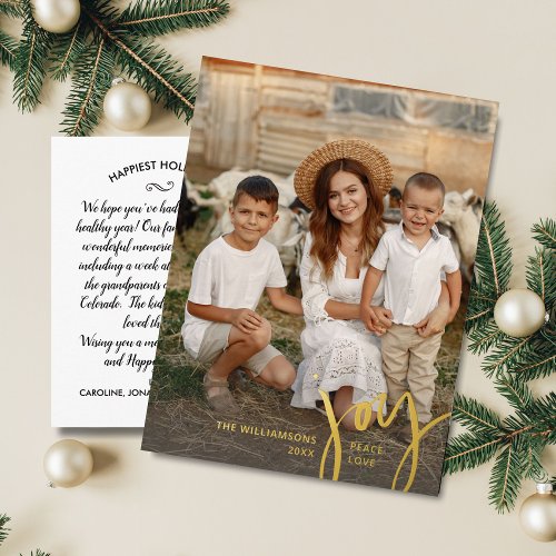 Joy Peace Love Vertical Christmas Photo Gold Foil Holiday Postcard