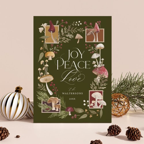 Joy Peace Love Watercolor Woodsy Mushrooms Photo Holiday Card