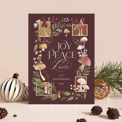 Joy Peace Love Watercolor Woodsy Mushrooms Photo Holiday Card