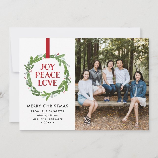 Joy Peace Love Wreath Holiday Card (Front)
