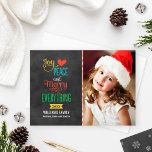 Joy Peace Merry Everything Colorful Chalkboard Holiday Card<br><div class="desc">Spread cheer with a playful “Joy,  Peace and Merry Everything” holiday card featuring colorful hand-lettered typography on a cozy chalkboard background. A crisp candy-cane stripe divider adds classic Christmas charm. Pair your favorite photo on the side for a modern,  merry keepsake everyone will love.</div>