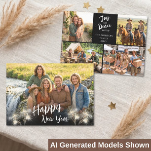 Joy Peace Script Happy New Year Photo Collage Holiday Card