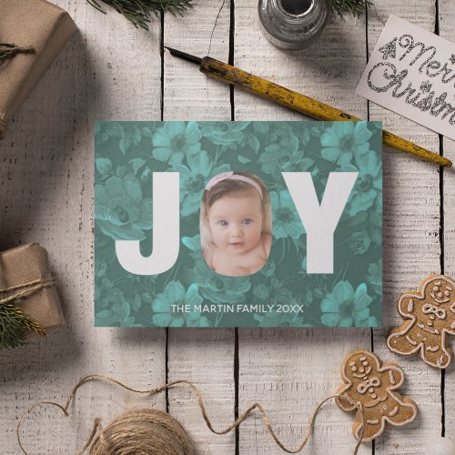 Joy Peekaboo Christmas Photo Pretty Green Floral Holiday Card