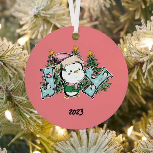 Joy Penguin Christmas Metal Ornament (Insitu)