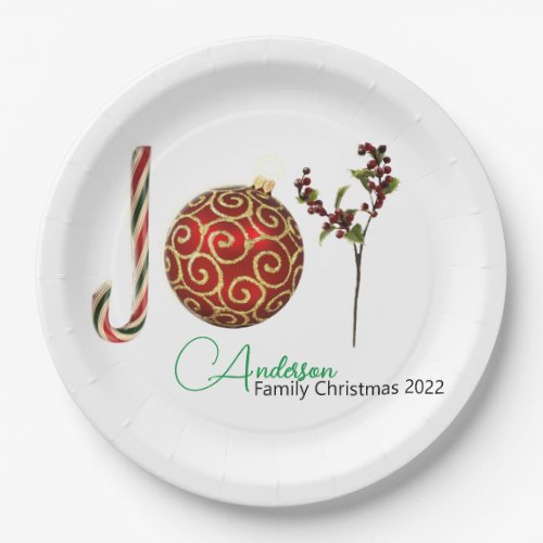 Joy personalized candy cane ornament holly latte paper plates