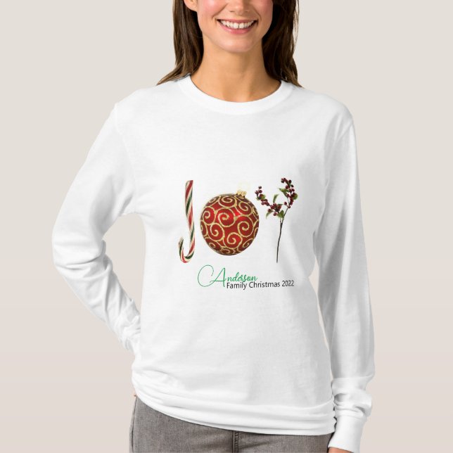 Joy personalized candy cane ornament holly  T-Shirt (Front)