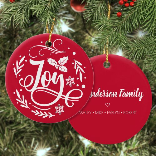 Joy Personalized Family Name Christmas Holiday Ceramic Ornament