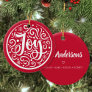 Joy Personalized Family Name Christmas Holiday Red Ceramic Ornament