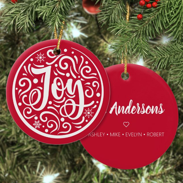 Joy Personalized Family Name Christmas Holiday Red Ceramic Ornament (Creator Uploaded)