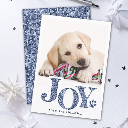 JOY Personalized Pet Photo Blue Paw Print Dog  Holiday Card