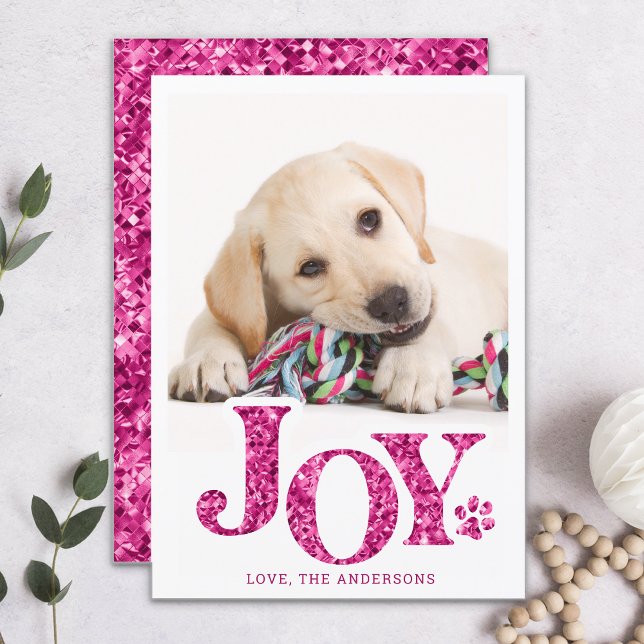 JOY Personalized Pet Photo Pink Paw Print Dog Holiday Card (Creator Uploaded)