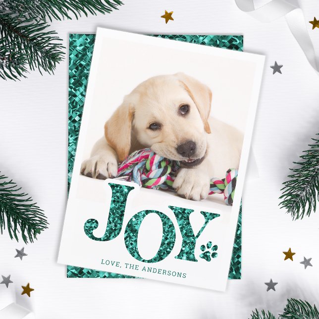 JOY Personalized Pet Photo Teal Paw Print Dog  Holiday Card (Creator Uploaded)