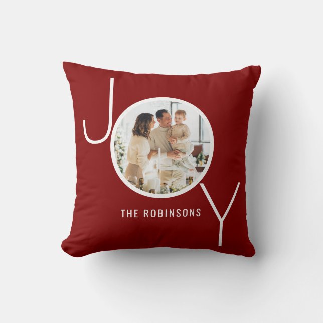 Joy Personalized Photo Christmas Holiday Red Green Throw Pillow (Front)