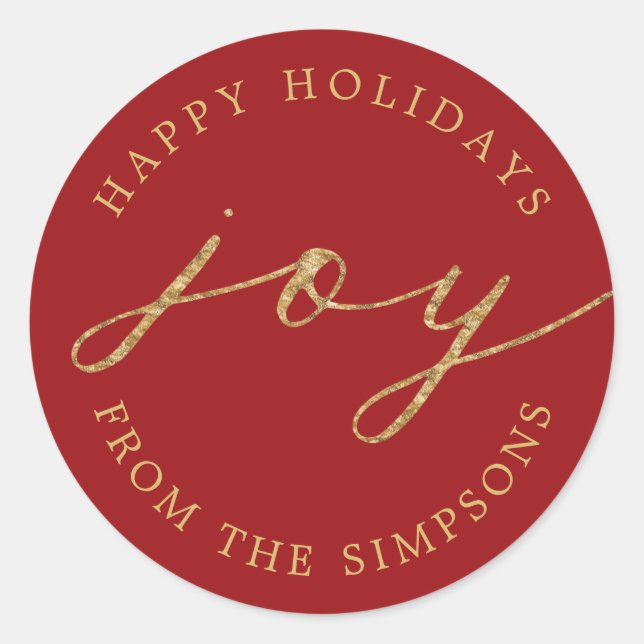 Joy Personalized Red Holiday Classic Round Sticker (Front)