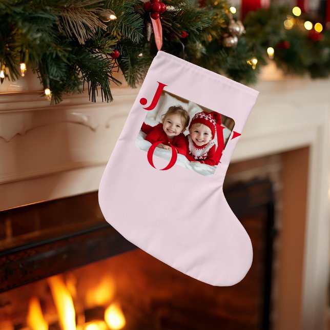 JOY | Personalized Red & Pink Christmas Photo Large Christmas Stocking (Creator Uploaded)