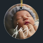Joy Photo Custom Christmas Ornament<br><div class="desc">Photo ornaments are the gift that keep on giving year after year. What better way to capture the year than with a classic, yet modern photo ornament featuring the photo of your choice and the word "joy" in a beautiful script font. Perfect for your tree or as a gift. Coordinates...</div>
