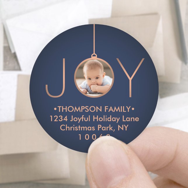JOY Photo Navy Blue Christmas Return Address Label (Creator Uploaded)