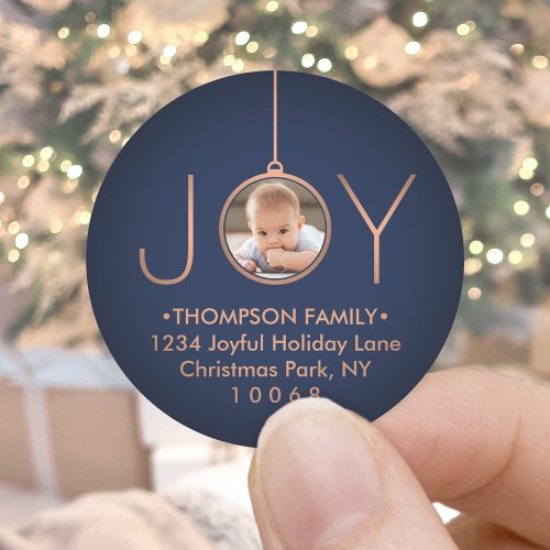 JOY Photo Navy Blue Christmas Return Address Label