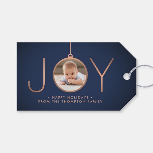 JOY Photo Navy Blue Copper Elegant Modern Holiday Gift Tags