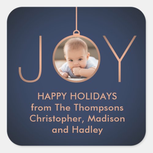 JOY Photo Navy Blue Copper Elegant Modern Holiday Square Sticker