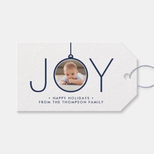 JOY Photo Navy Blue White Modern Minimal Christmas Gift Tags