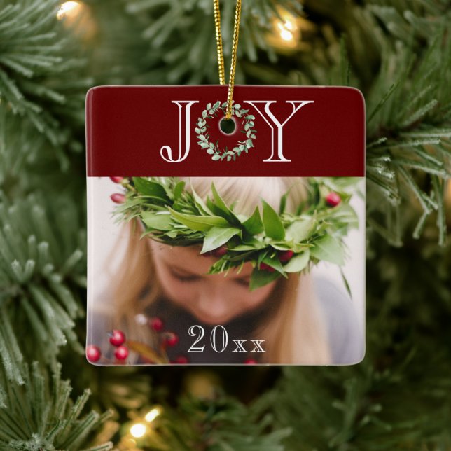 Joy Photo Personalized Red Holiday Christmas  Ceramic Ornament (Tree)