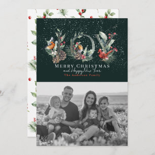 JOY Pine Cone Red Berry Bird Green Christmas Photo Holiday Card