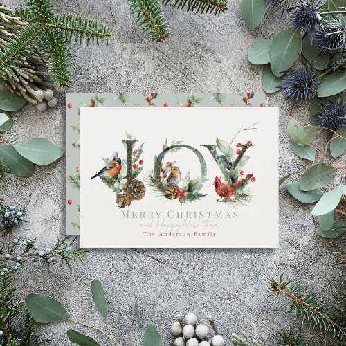 JOY Pine Cone Red Berry Birds Christmas Holiday Card