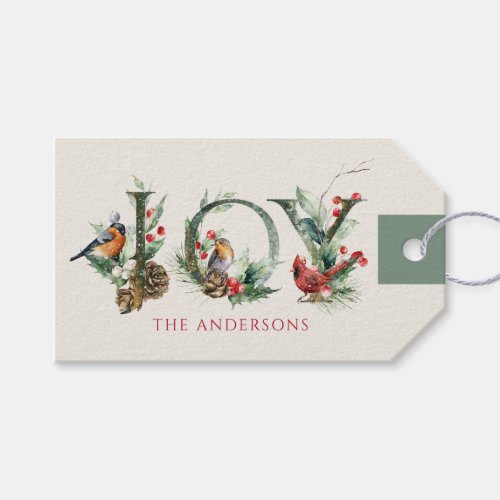 JOY Pine Cone Red Berry Birds Christmas Holiday Gift Tags