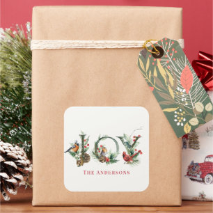 JOY Pine Cone Red Berry Birds Christmas Holiday Square Sticker
