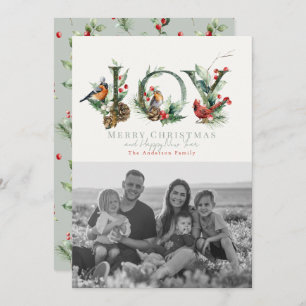 JOY Pine Cone Red Berry Birds Christmas Photo Holiday Card