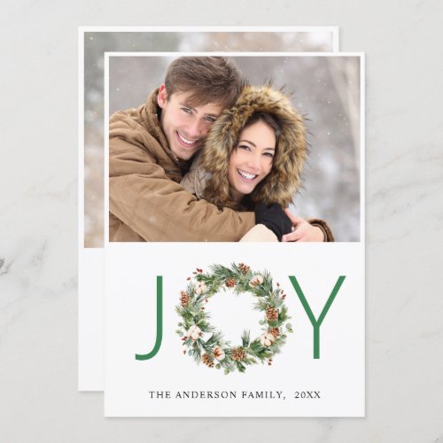 JOY Pine Cones Fir Wreath Christmas 2 PHOTO Holiday Card
