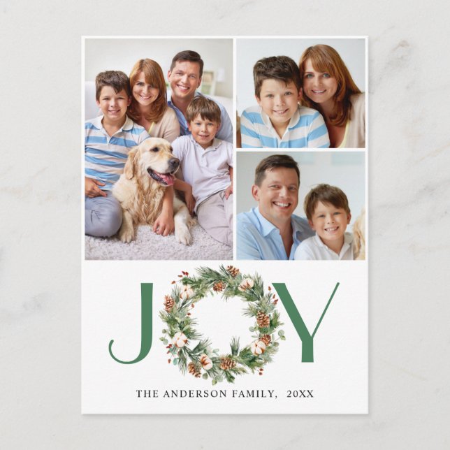 JOY Pine Cones Fir Wreath Christmas 3 PHOTO Holiday Postcard (Front)