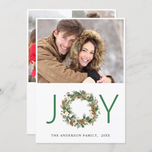 JOY Pine Cones Fir Wreath Christmas 4 PHOTO Holiday Card