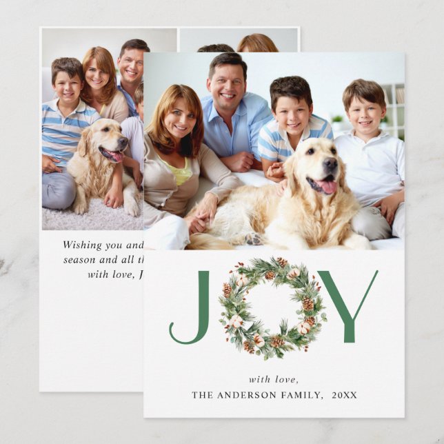 JOY Pine Cones Fir Wreath Christmas 4 PHOTO Holiday Card (Front/Back)
