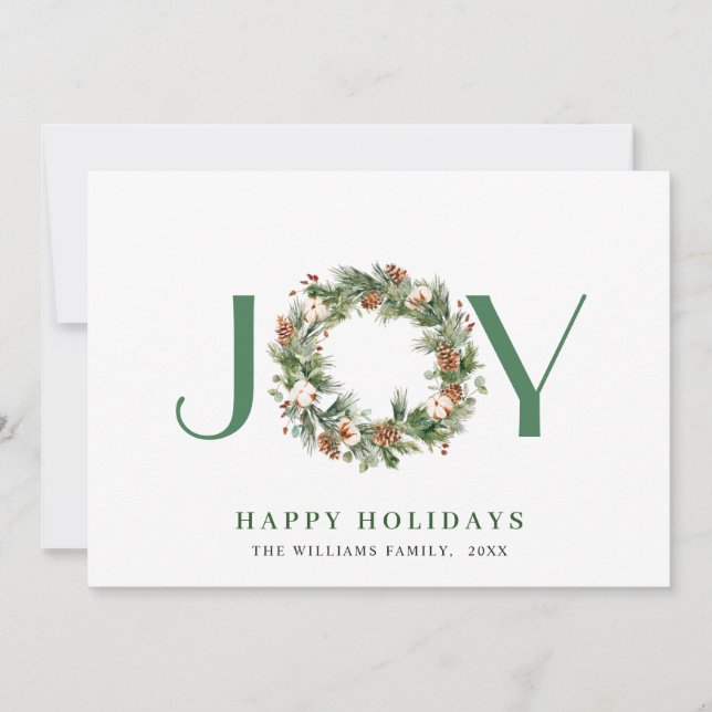 JOY Pine Cones Fir Wreath Christmas Holiday Card (Front)