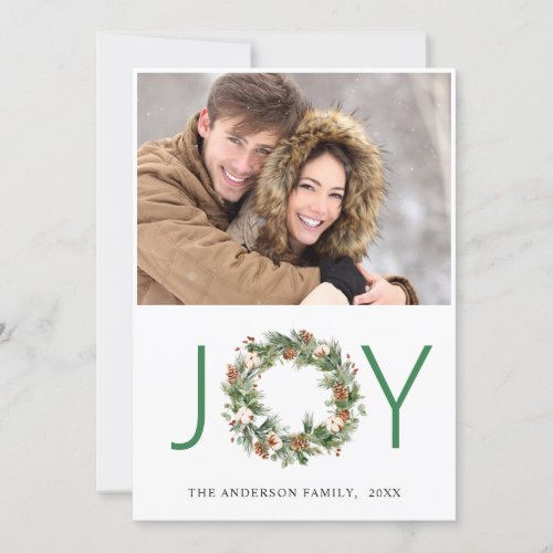 JOY Pine Cones Fir Wreath Christmas PHOTO Holiday Card