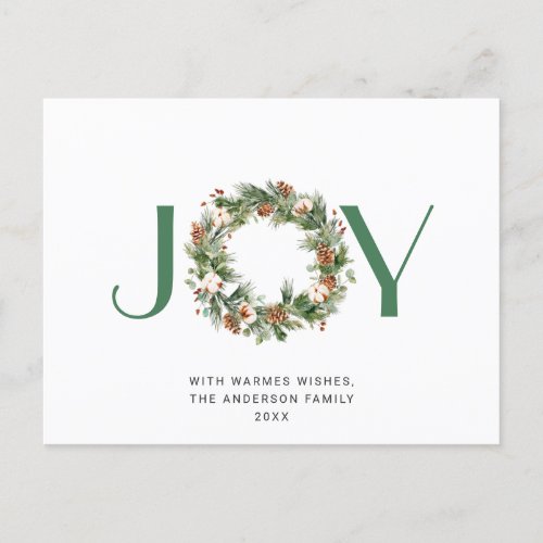 JOY Pine Cones Fir Wreath Merry Christmas Holiday Postcard